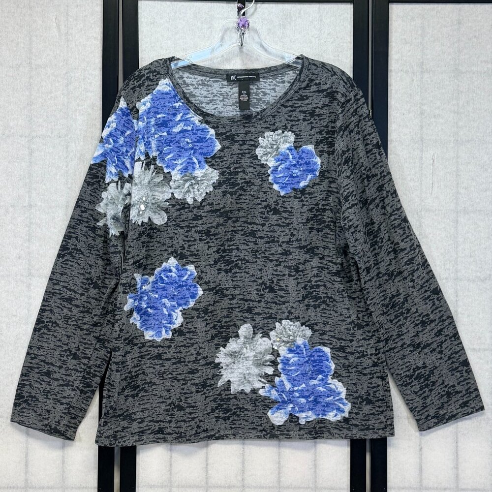 INC Burnout Floral Sequin Scoop Neck Top XXL Long Sleeve Blue Black Grey